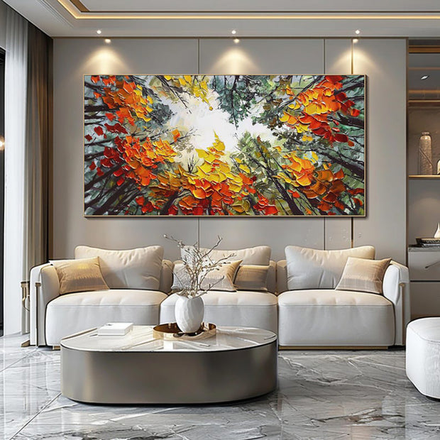 Modern Brich Treescape Landscape Canvas Artwork Handpainted Orange Forest Thick Oil Painting Natural Home Wall Decor